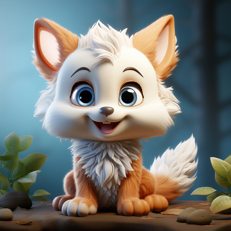 Cute cartoon fox sitting on the rock. 3D illustration.の素材