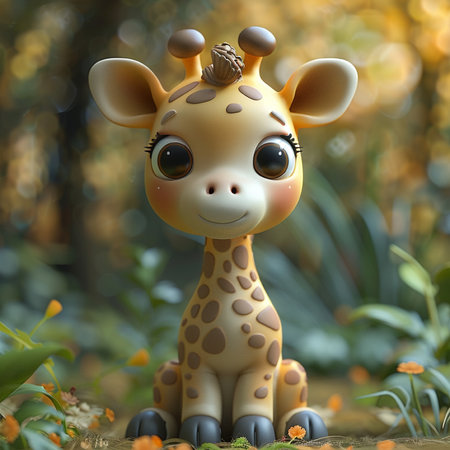 cute giraffe doll in the garden. 3d illustration.の素材