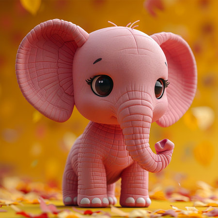 Cute pink baby elephant with autumn leaves. 3d illustration.の素材