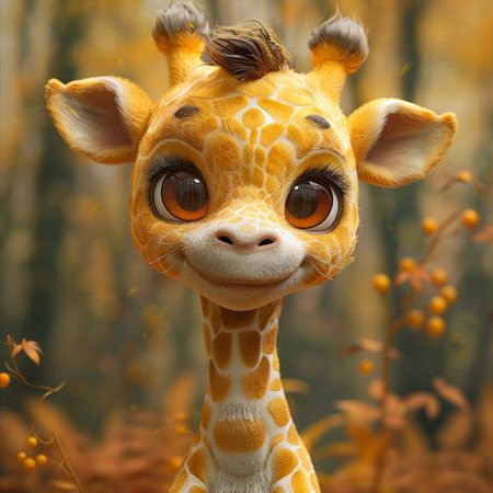 Funny giraffe with big eyes in autumn forest. 3d illustrationの素材
