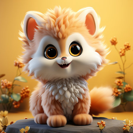 3d illustration of a cute fox sitting on a rock with flowersの素材