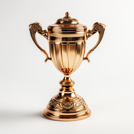 Golden trophy cup isolated on white background. 3d render illustration.の素材
