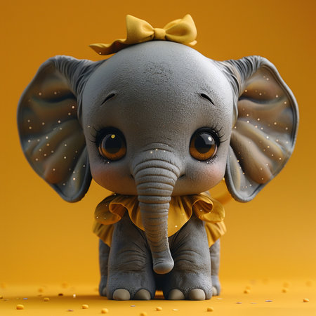 Cute elephant with yellow bow and yellow ribbon. 3d renderingの素材