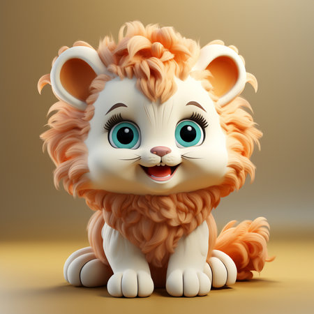 Cute cartoon lion with big eyes sitting on yellow background. 3D rendering.の素材