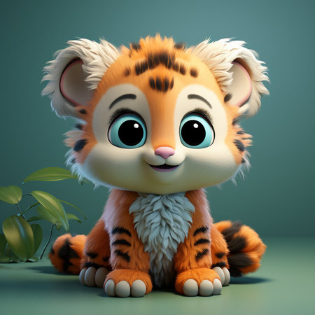 Cute tiger cartoon sitting on green background - 3D illustration.の素材