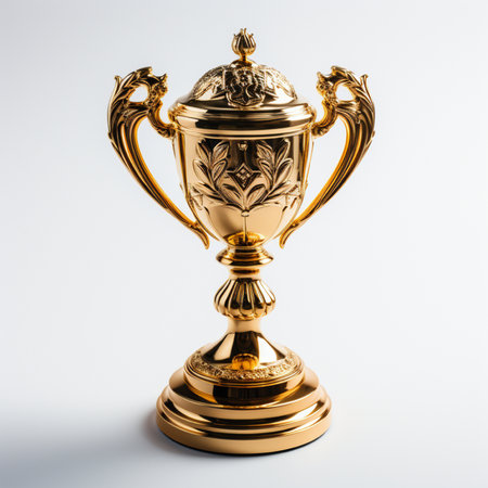 Golden trophy cup isolated on white background. 3d render illustration.の素材