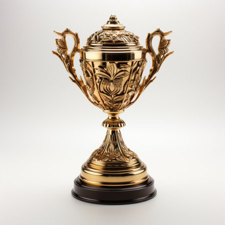 Golden trophy cup isolated on white background. 3d render illustration.の素材