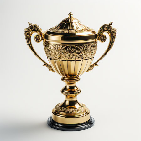 Golden trophy cup on a white background. 3d render illustration.の素材
