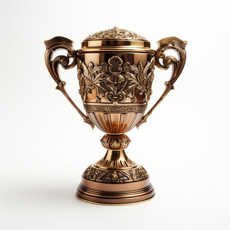 Golden trophy cup isolated on white background. 3d render illustration.の素材