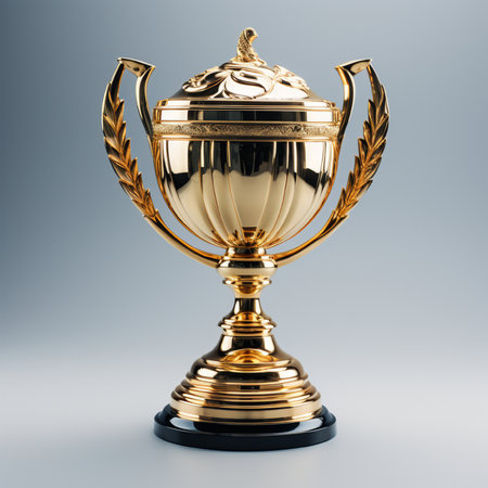 3d rendering of a golden trophy cup on a gray background.の素材