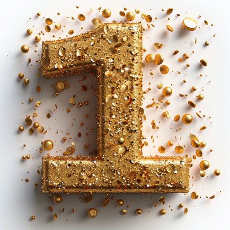 Number 1 made of golden confetti on white background. 3D renderingの素材