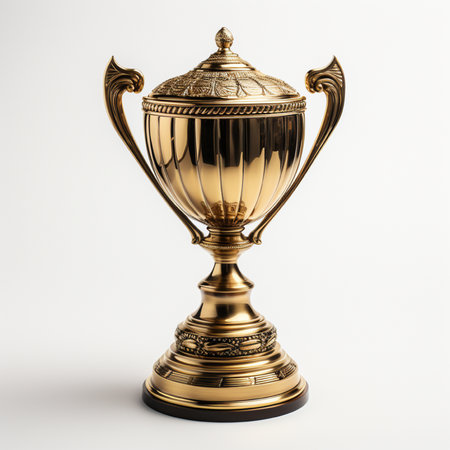Golden trophy cup isolated on white background. 3d render illustration.の素材