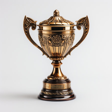 Golden trophy cup isolated on white background. 3d illustration. Front view.の素材