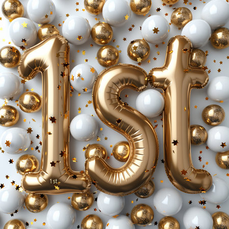Number 1 gold metallic balloon on white background with sequins. 3D Renderの素材