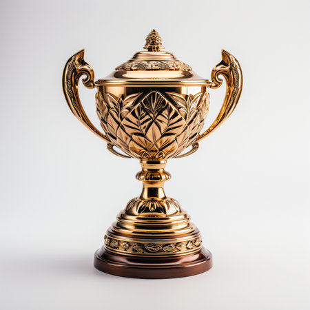 Golden trophy cup isolated on white background. 3D illustration. Vintage style.の素材