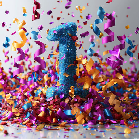 Number one surrounded by confetti and ribbons on a white backgroundの素材