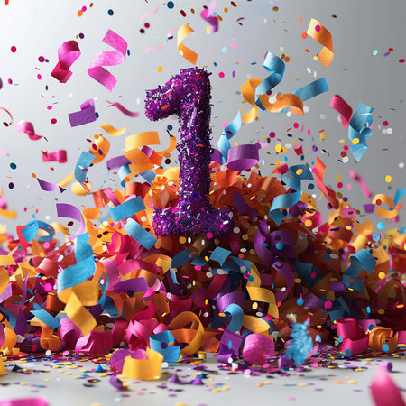 Number one with confetti and ribbons on white background. 3d renderingの素材
