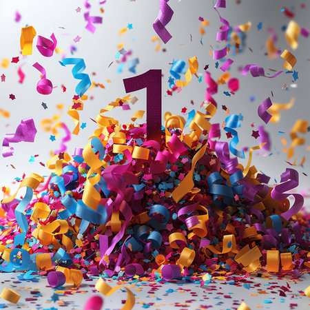 Number one surrounded by confetti on white background. 3D renderingの素材