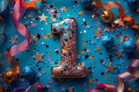 Number 1 on blue background with confetti, stars and serpentine. Birthday or anniversary celebration.の素材