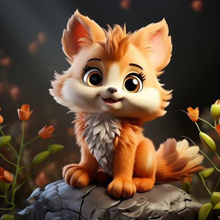 Cute cartoon fox sitting on the rock with flowers in the backgroundの素材