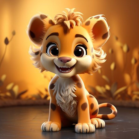 Cute cartoon tiger sitting on the floor. 3D rendering.の素材