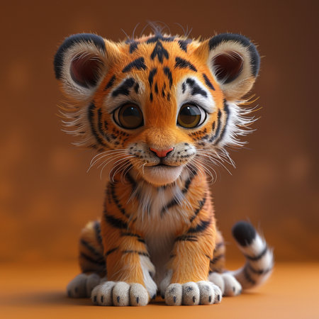 Cute little tiger sitting on brown background. 3D illustration.の素材