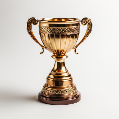 Golden trophy cup isolated on white background. 3d render illustration.の素材