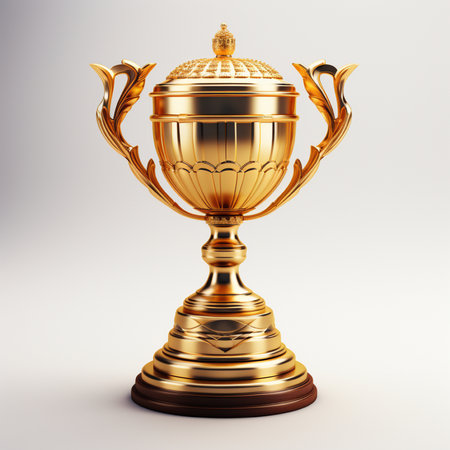 3d rendering of a golden trophy on a gray background with shadowの素材