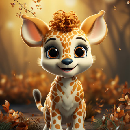 Cute cartoon giraffe in the forest, 3d rendering.の素材