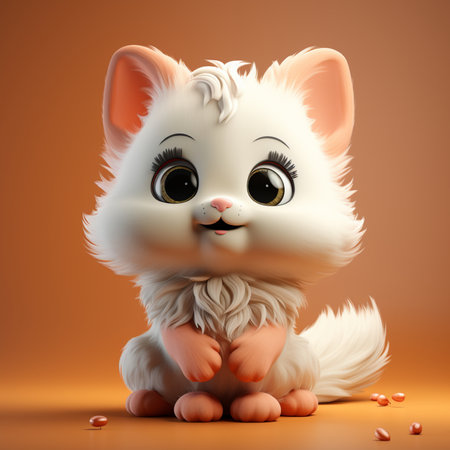 Cute white cat sitting on orange background. 3D illustration.の素材