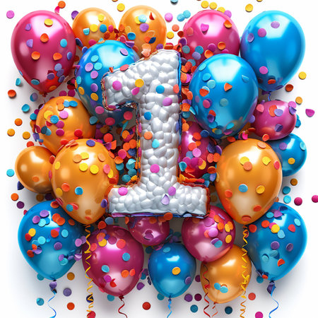 Number 1 made of balloons and confetti on white background. 3D illustrationの素材