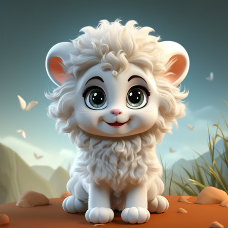 Cute cartoon white sheep sitting on the ground. 3d renderingの素材