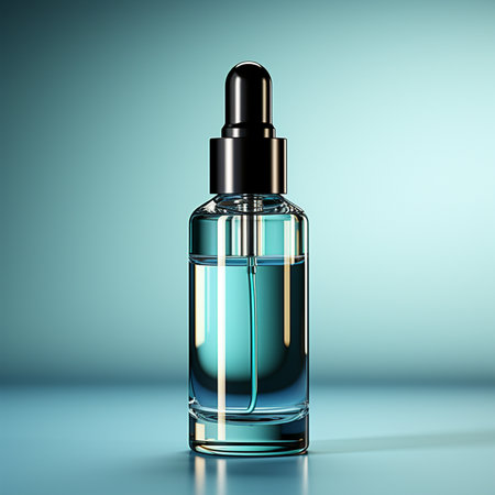 Perfume bottle on blue background. 3d render illustration.の素材