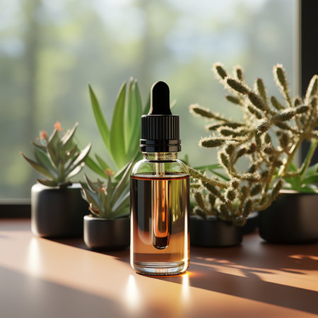 Essential oil in a glass bottle with a pipette on a wooden table.の素材