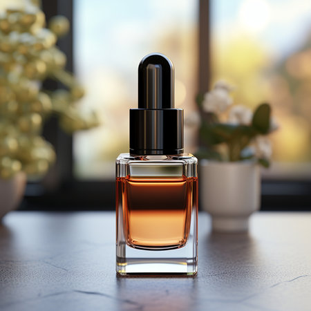 Bottle of perfume on table in cafe. Mockup for designの素材