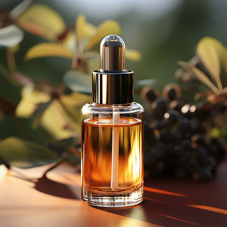 Perfume bottle with green leaves on the table. 3d renderの素材