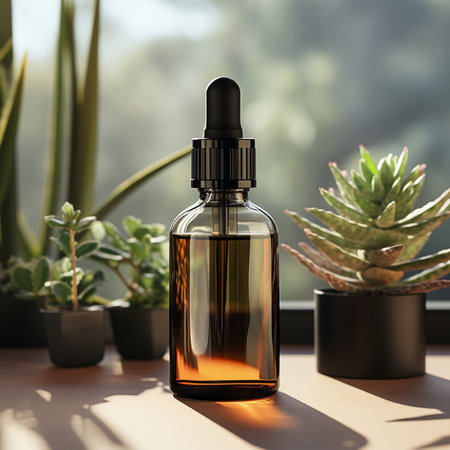 Glass dropper bottle with cactus essential oil on the table. 3d renderの素材