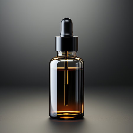 Glass dropper bottle with oil on dark background. 3d renderの素材