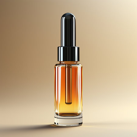 Amber glass dropper bottle with black cap. 3d illustrationの素材