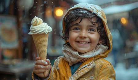 Little boy eating ice cream on Christmas market in winter, snowfallの素材