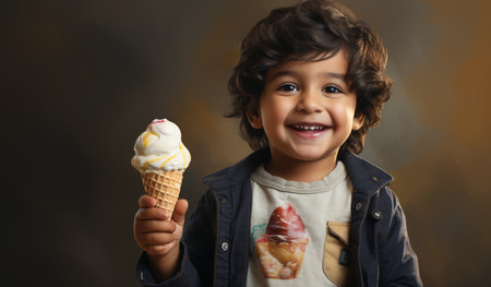 Cute little boy with ice cream on color background, closeupの素材