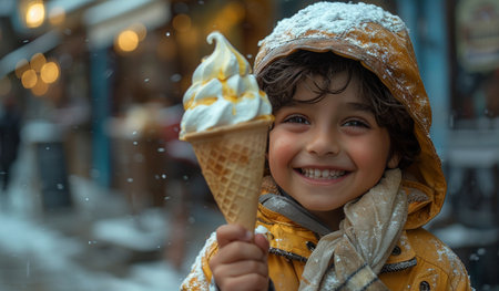 Cute little boy eating ice cream on Christmas market in Moscow, Russiaの素材