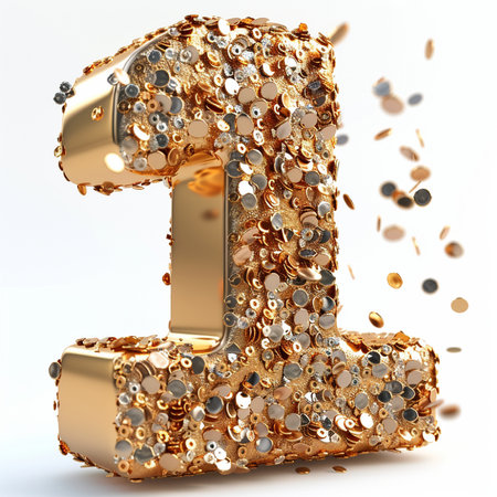 3d render of golden number 1 with confetti isolated on white backgroundの素材