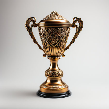 Golden trophy cup on a white background. 3d rendering illustration.の素材