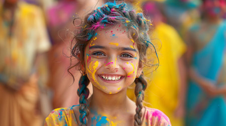 Portrait of a smiling little girl with colorful face paint at Holi festivalの素材