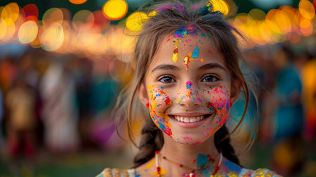 Portrait of happy Indian little girl with Holi colors on her faceの素材