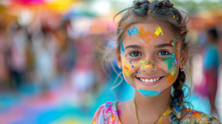 Portrait of smiling little girl with face covered with colored powder.の素材