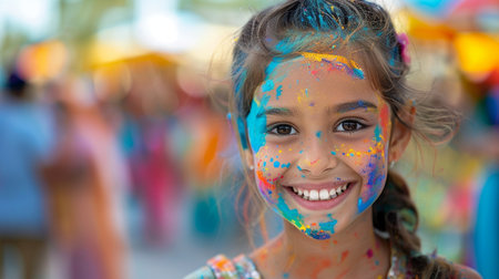 Portrait of a smiling little girl with face covered with colored powderの素材