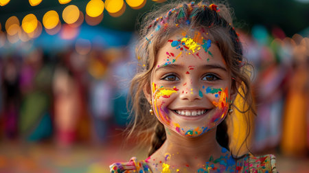 Portrait of a cute little girl with face painted in bright colorsの素材