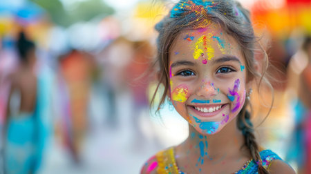 Portrait of a smiling little girl with color powder on her faceの素材